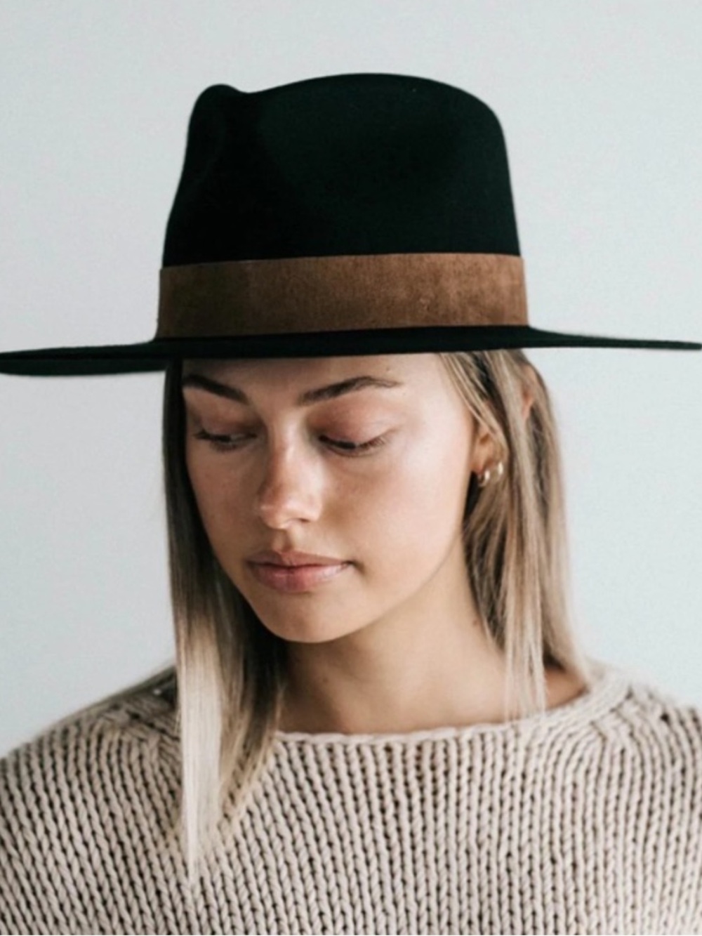 New Gigi Pip Miller Fedora Hat Black Brown Flat Hat Wool 59 M/L